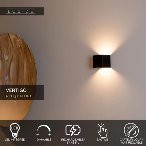 Lucide VERTIGO - Applique murale Rechargeable Intérieur/Extérieur - Batterie/Piles - LED Dim. - 1x6W 2700K - IP54 - Détecteur De Mouvement - Magnétique - Noir - USP